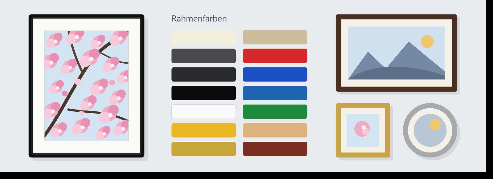 Auswahl an Leer- und Wechselrahmen in verschiedenen Farben und Stilen